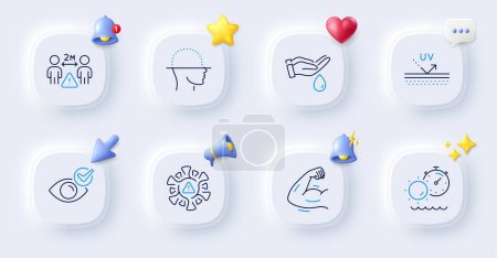 Illustration for Tanning time, Strong arm and Social distance line icons. Buttons with 3d bell, chat speech, cursor. Pack of Check eye, Uv protection, Coronavirus icon. Face scanning, Wash hands pictogram. Vector - Royalty Free Image