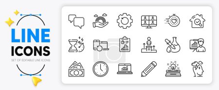 Illustration for Money, Speech bubble and Business podium line icons set for app include Typewriter, Report, Stress outline thin icon. Lgbt, Video conference, Presentation board pictogram icon. Vector - Royalty Free Image