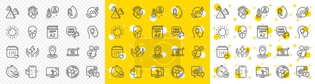 Illustration for Outline Safe energy, Startup and Healthcare calendar line icons pack for web with Sunny weather, Air fan, Touch screen line icon. Attention, Quarantine, Location pictogram icon. Vector - Royalty Free Image