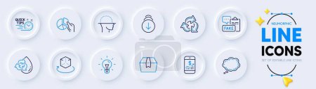 Illustration for Recycle water, Comic message and Pie chart line icons for web app. Pack of Fake document, Scroll down, Package box pictogram icons. Recycle, Augmented reality, Face scanning signs. Vector - Royalty Free Image