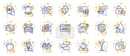 Illustration for Outline set of Dice, Cooking hat and Sun protection line icons for web app. Include Helping hand, Decreasing graph, Support consultant pictogram icons. Lock, Card, Reminder signs. Vector - Royalty Free Image