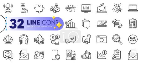 Illustration for Outline set of Phone payment, Euro rate and Approve line icons for web with Microphone, Phone protect, Software bug thin icon. Money currency, Approved mail, Recovery internet pictogram icon. Vector - Royalty Free Image