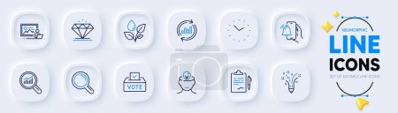 Illustration for Time, Mental health and Diamond line icons for web app. Pack of Alarm clock, Research, Photo studio pictogram icons. Data analysis, Update data, Plants watering signs. Vote box. Vector - Royalty Free Image
