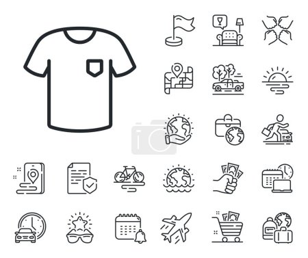 Illustration for Tee shirt wear sign. Plane jet, travel map and baggage claim outline icons. T-shirt line icon. Fabric sport clothes symbol. T-shirt line sign. Car rental, taxi transport icon. Place location. Vector - Royalty Free Image