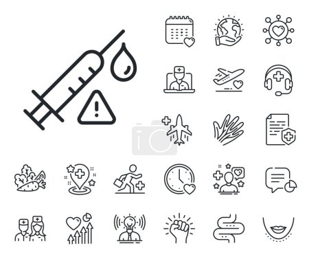 Illustration for Vaccination syringe warning sign. Online doctor, patient and medicine outline icons. Vaccine attention line icon. Jab symbol. Vaccine attention line sign. Vector - Royalty Free Image