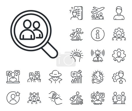 Illustration for Search employees sign. Specialist, doctor and job competition outline icons. Business recruitment line icon. Magnifying glass symbol. Search employees line sign. Vector - Royalty Free Image