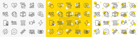 Illustration for Outline Electricity consumption, Lock and Update comments line icons pack for web with Smile chat, Ranking star, Work home line icon. Phone calculator, Gpu, User pictogram icon. Vector - Royalty Free Image