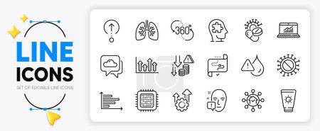 Illustration for Upper arrows, Waterproof and Face attention line icons set for app include Sunscreen, Horizontal chart, Cpu processor outline thin icon. Weather forecast, Coronavirus pills. Vector - Royalty Free Image
