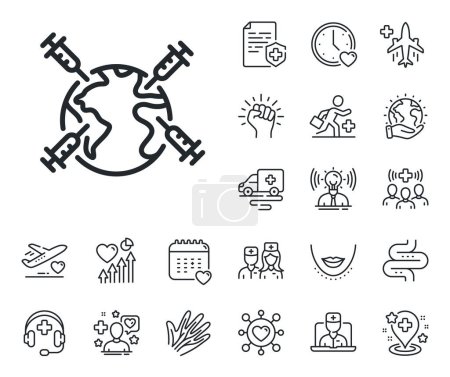 Corona syringe sign. Online doctor, patient and medicine outline icons. World vaccination line icon. Covid vaccine symbol. World vaccination line sign. Vector