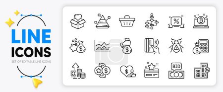 Illustration for Loan house, Trade infochart and Pyramid chart line icons set for app include Bribe, Discounts ribbon, Shopping basket outline thin icon. Finance calculator, Software bug. Vector - Royalty Free Image