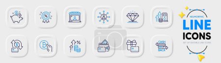Illustration for Saving money, Fuel price and Gift card line icons for web app. Pack of Discount, Market seller, Bitcoin pay pictogram icons. Inflation, Cashback card, Networking signs. Money transfer, Diamond. Vector - Royalty Free Image