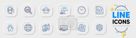 Illustration for Card, Report document and Report statistics line icons for web app. Pack of Ranking stars, Dice, Send box pictogram icons. Fuel price, Time, Home insurance signs. Flight mode. Vector - Royalty Free Image