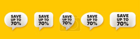 Illustration for Save up to 70 percent tag. 3d chat speech bubbles set. Discount Sale offer price sign. Special offer symbol. Discount talk speech message. Talk box infographics. Vector - Royalty Free Image