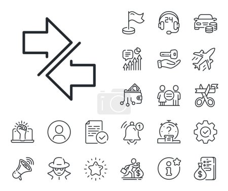 Illustration for Communication Arrowheads symbol. Salaryman, gender equality and alert bell outline icons. Synchronize arrows line icon. Navigation pointer sign. Synchronize line sign. Vector - Royalty Free Image