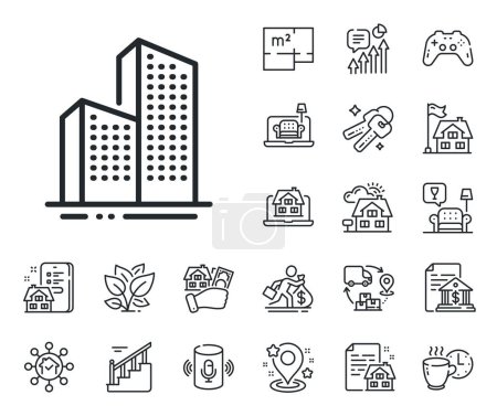 Illustration for City architecture sign. Floor plan, stairs and lounge room outline icons. Skyscraper buildings line icon. Town symbol. Skyscraper buildings line sign. House mortgage, sell building icon. Vector - Royalty Free Image