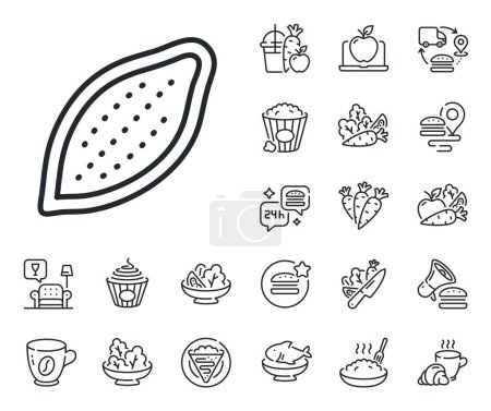 Illustration for Tasty nuts sign. Crepe, sweet popcorn and salad outline icons. Cocoa nut line icon. Vegan food symbol. Cocoa nut line sign. Pasta spaghetti, fresh juice icon. Supply chain. Vector - Royalty Free Image