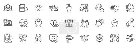 Illustration for Icons pack as Support, Heart and Fraud line icons for app include Eye target, Friends chat, Yoga outline thin icon web set. Volunteer, Electronic thermometer, Puzzle pictogram. Vector - Royalty Free Image
