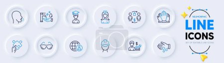 Illustration for Business growth, Eyeglasses and International recruitment line icons for web app. Pack of Puzzle, Student, Hospital nurse pictogram icons. Vote, Washing hands, Foreman signs. Cough. Vector - Royalty Free Image