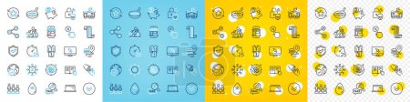 Illustration for Vector icons set of Equality, Marketplace and Hot water line icons pack for web with Reject click, Stress, Laptop outline icon. Confirmed, Cyber attack, Internet pictogram. Bitcoin coin. Vector - Royalty Free Image