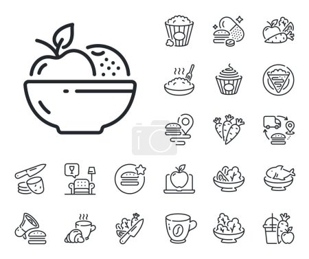 Illustration for Vegetarian food sign. Crepe, sweet popcorn and salad outline icons. Fruits line icon. Apple and orange symbol. Fruits line sign. Pasta spaghetti, fresh juice icon. Supply chain. Vector - Royalty Free Image