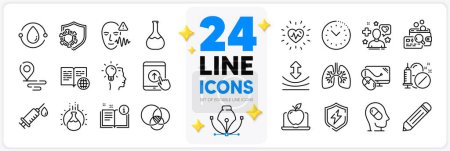 Illustration for Icons set of Depression treatment, Patient and Pencil line icons pack for app with Swipe up, Time management, Idea thin outline icon. Internet book, Place, Manual pictogram. Vector - Royalty Free Image