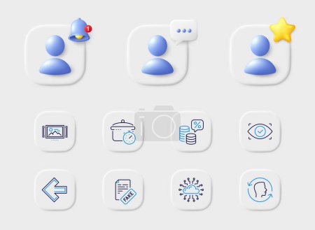 Illustration for Biometric eye, Boiling pan and Left arrow line icons. Placeholder with 3d star, reminder bell, chat. Pack of Fake news, Cloud network, Image carousel icon. Money tax, Face id pictogram. Vector - Royalty Free Image