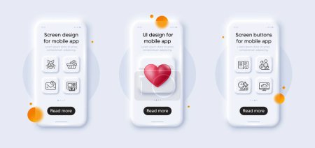 Illustration for New mail, Atm and Cloud storage line icons pack. 3d phone mockups with heart. Glass smartphone screen. Software bug, Auction hammer, Delete purchase web icon. Vector - Royalty Free Image