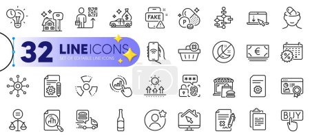 Illustration for Outline set of Best friend, Scroll down and Ethics line icons for web with Clipboard, Depression treatment, Food market thin icon. Calendar discounts, Phosphorus mineral. Vector - Royalty Free Image