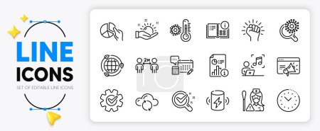 Illustration for Nurse, Report and Eco energy line icons set for app include Charge battery, Pie chart, Cloud sync outline thin icon. Chemistry lab, Seo marketing, Empower pictogram icon. Account, Music. Vector - Royalty Free Image