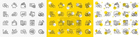 Illustration for Outline Saving money, Bitcoin and Wallet line icons pack for web with Discount coupon, Credit card, Pie chart line icon. Payment card, Decreasing graph, Payment method pictogram icon. Vector - Royalty Free Image