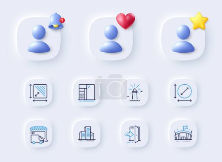 Illustration for Circle area, Lighthouse and Delivery truck line icons. Placeholder with 3d bell, star, heart. Pack of Square area, Cupboard, Entrance icon. Buildings, Arena pictogram. For web app, printing. Vector - Royalty Free Image