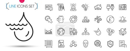 Illustration for Pack of Chemistry molecule, Vitamin n and Search employees line icons. Include Computer cables, Hydroelectricity, Yoga pictogram icons. 5g cloud, Click here, Fuel energy signs. Vector - Royalty Free Image