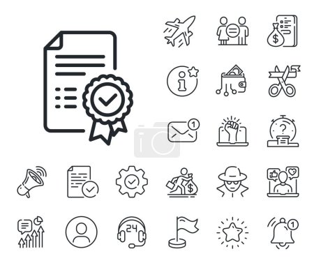 Verified document sign. Salaryman, gender equality and alert bell outline icons. Certificate line icon. Accepted or confirmed symbol. Certificate line sign. Spy or profile placeholder icon. Vector