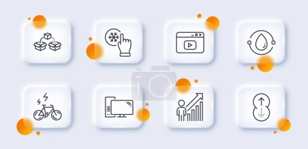 Illustration for Freezing click, Video content and Computer line icons pack. 3d glass buttons with blurred circles. E-bike, Cold-pressed oil, Swipe up web icon. Parcel shipping, Employee result pictogram. Vector - Royalty Free Image