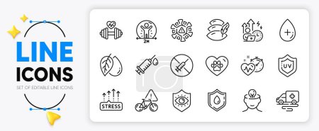 Illustration for Stress grows, Eye protection and Cardio training line icons set for app include Pets care, Pillow, No vaccine outline thin icon. Uv protection, Dumbbell, Coronavirus pictogram icon. Vector - Royalty Free Image