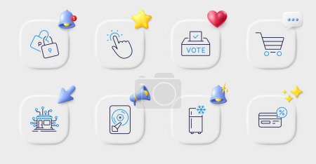 Illustration for Refrigerator, Vote box and Distribution line icons. Buttons with 3d bell, chat speech, cursor. Pack of Locks, Market sale, Hdd icon. Cashback, Touchpoint pictogram. For web app, printing. Vector - Royalty Free Image