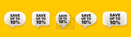 Illustration for Save up to 10 percent. 3d chat speech bubbles set. Discount Sale offer price sign. Special offer symbol. Discount talk speech message. Talk box infographics. Vector - Royalty Free Image