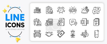 Illustration for Finance calculator, Phishing and Translate line icons set for app include Buildings, Add team, Chat bubble outline thin icon. Money, Handout, Inspect pictogram icon. Time management. Vector - Royalty Free Image