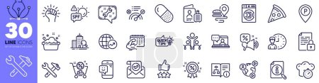Illustration for Cooking timer, Education idea and Launder money line icons pack. Spanner, Inspect, Spf protection web icon. Confirmed mail, Shopping cart, Smile pictogram. Video conference. Vector - Royalty Free Image