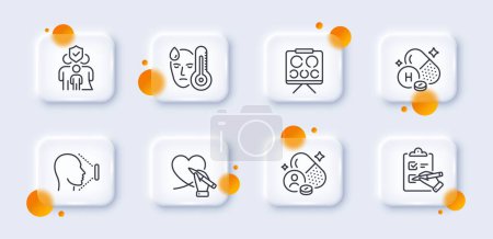 Illustration for Vision board, Face id and Social care line icons pack. 3d glass buttons with blurred circles. Family insurance, Vitamin h, Fever web icon. Vitamin, Checklist pictogram. For web app, printing. Vector - Royalty Free Image
