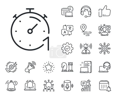 Illustration for Stopwatch time sign. Place location, technology and smart speaker outline icons. Timer 1 minute line icon. Countdown clock symbol. Timer line sign. Influencer, brand ambassador icon. Vector - Royalty Free Image