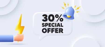 Illustration for 30 percent discount offer tag. Neumorphic background with chat speech bubble. Sale price promo sign. Special offer symbol. Discount speech message. Banner with energy. Vector - Royalty Free Image