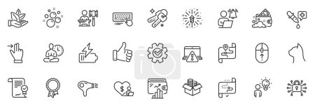 Ilustración de Los iconos del paquete como Swipe up, Éxito y Touchscreen gestos iconos de línea para la aplicación incluyen secador de pelo, Llaves, Esquema de yoga conjunto web icono delgado. Acuerdo aprobado, producto orgánico, pictograma de personas del grupo. Vector - Imagen libre de derechos