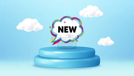 Illustration for New comic cartoon bubble banner. Winner podium 3d base. Product offer pedestal. Arrival sticker shape. Offer label icon. New bubble promotion message. Background with 3d clouds. Vector - Royalty Free Image