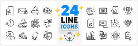 Illustration for Icons set of Discount button, Phone payment and Photo cloud line icons pack for app with Bid offer, Inspect, Boxes pallet thin outline icon. Delivery, E-mail, Secure mail pictogram. Vector - Royalty Free Image