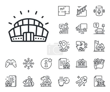 Illustration for Arena sign. Floor plan, stairs and lounge room outline icons. Sports stadium line icon. Sport complex symbol. Sports stadium line sign. House mortgage, sell building icon. Real estate. Vector - Royalty Free Image