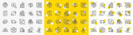 Illustration for Outline Energy inflation, Inventory and Buildings line icons pack for web with Skyscraper buildings, Petrol station, Diesel station line icon. Construction bricks, Lighthouse. Vector - Royalty Free Image
