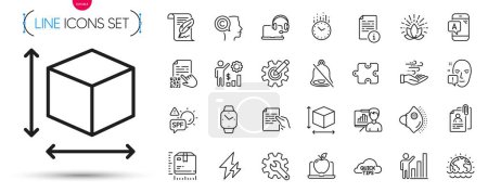 Illustration for Pack of Time, Qr code and Graph chart line icons. Include Lotus, Hold document, Feather pictogram icons. Box size, Cogwheel, Quick tips signs. Laptop, Face attention, Puzzle. Time outline sign. Vector - Royalty Free Image