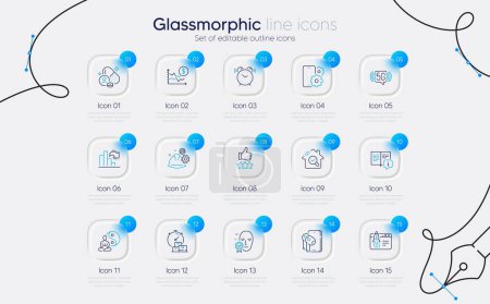 Illustration for Set of Earphones, Working process and Phone service line icons for web app. Face verified, Vitamin, Fast delivery icons. Alarm clock, Dollar rate, Start business signs. Decreasing graph. Vector - Royalty Free Image
