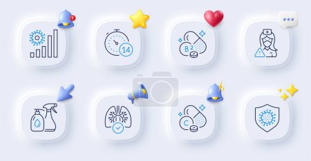 Illustration for Vitamin c, Coronavirus statistics and Lungs line icons. Buttons with 3d bell, chat speech, cursor. Pack of Cleaning liquids, Nurse, Riboflavin vitamin icon. Quarantine, Coronavirus pictogram. Vector - Royalty Free Image